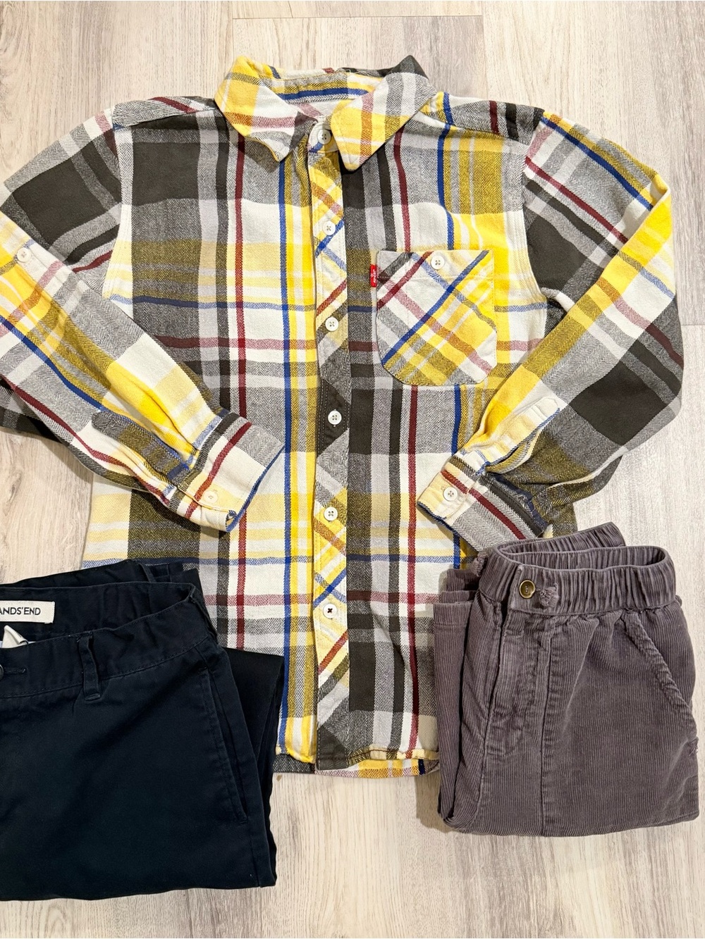 Boys Size 10/12 Bundle Lands’ End Rylee + Cru Levi’s Pants + Flannel 3 Pc Bundle